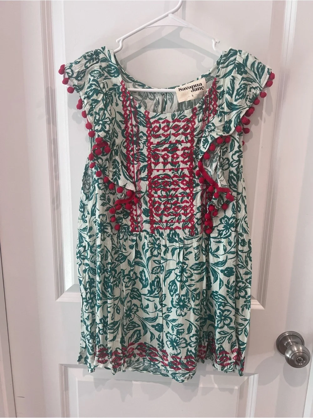 NWT Savanna Jane Green Floral Tunic with Red Embroidery Size Large - Picture 1 of 14